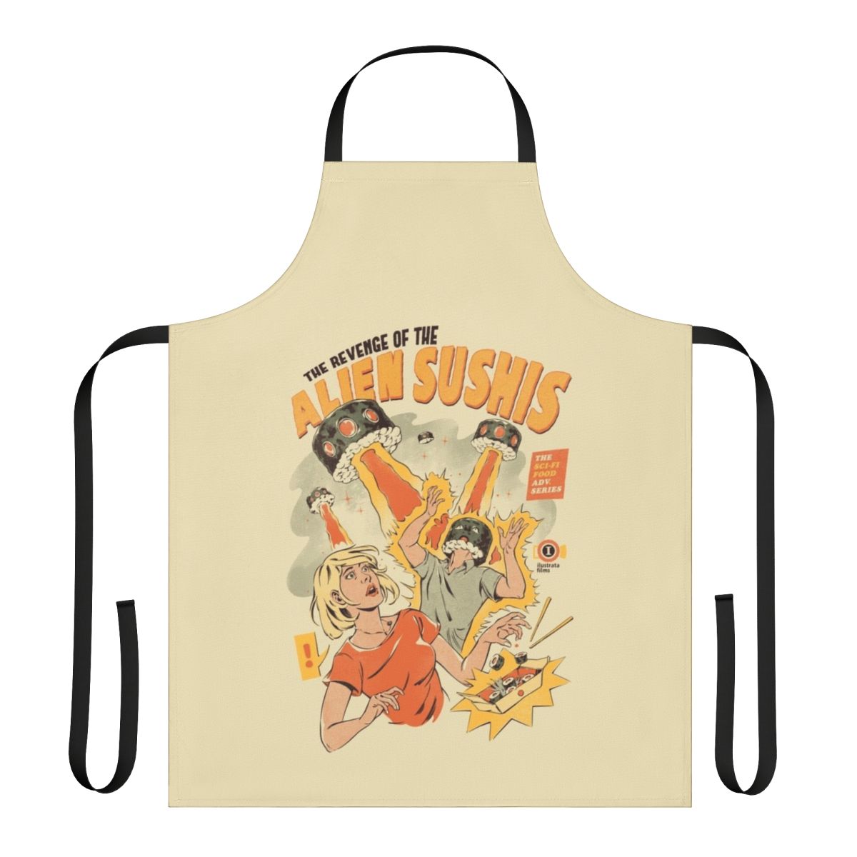 Colorful illustrated apron featuring alien sushi characters in a retro sci-fi style