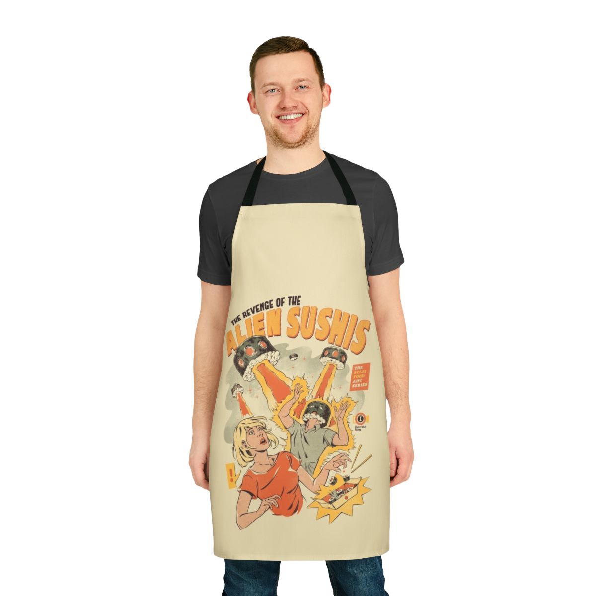 Colorful illustrated apron featuring alien sushi characters in a retro sci-fi style