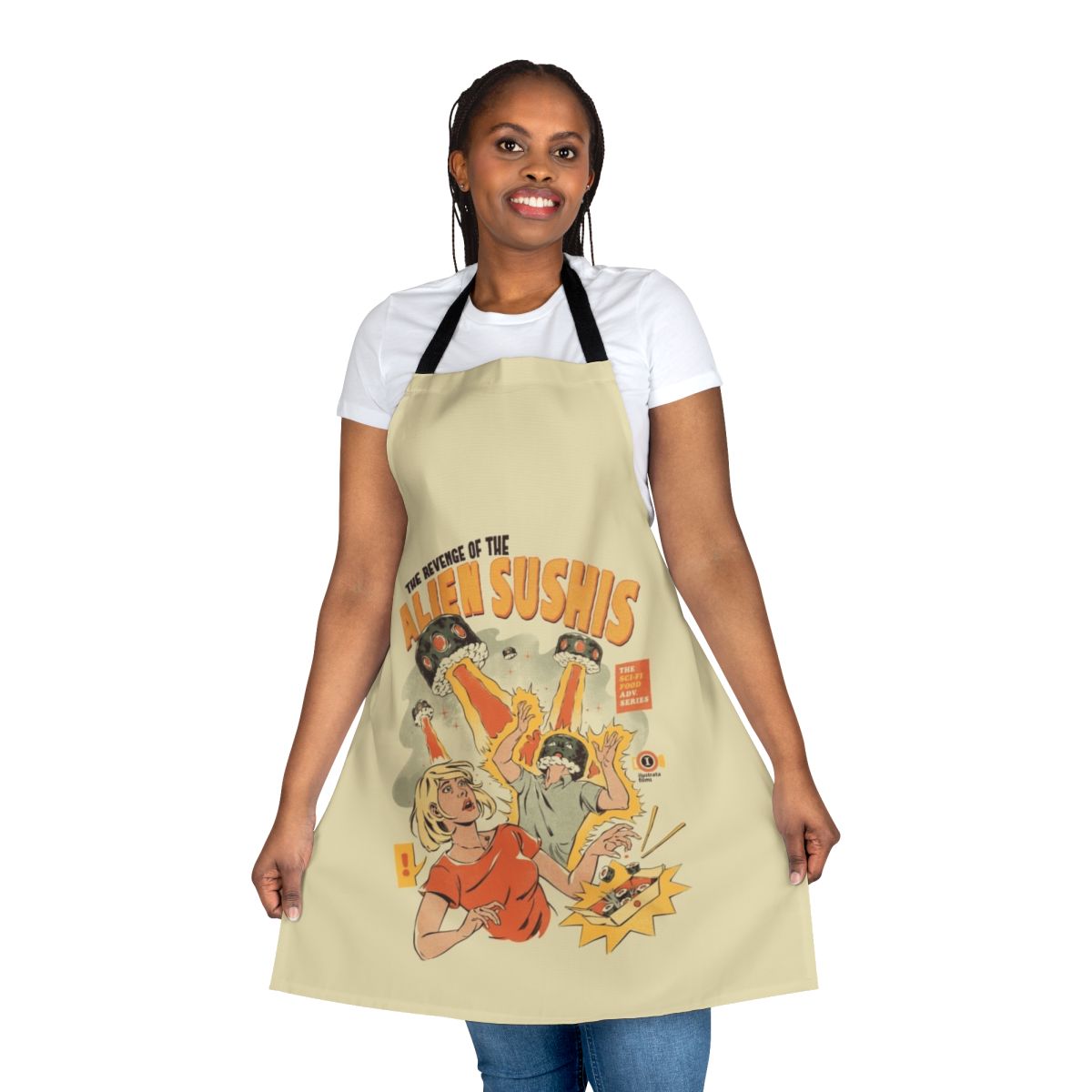Colorful illustrated apron featuring alien sushi characters in a retro sci-fi style