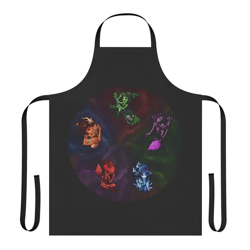 Apron featuring a whimsical design of witch aliens in a space galaxy setting