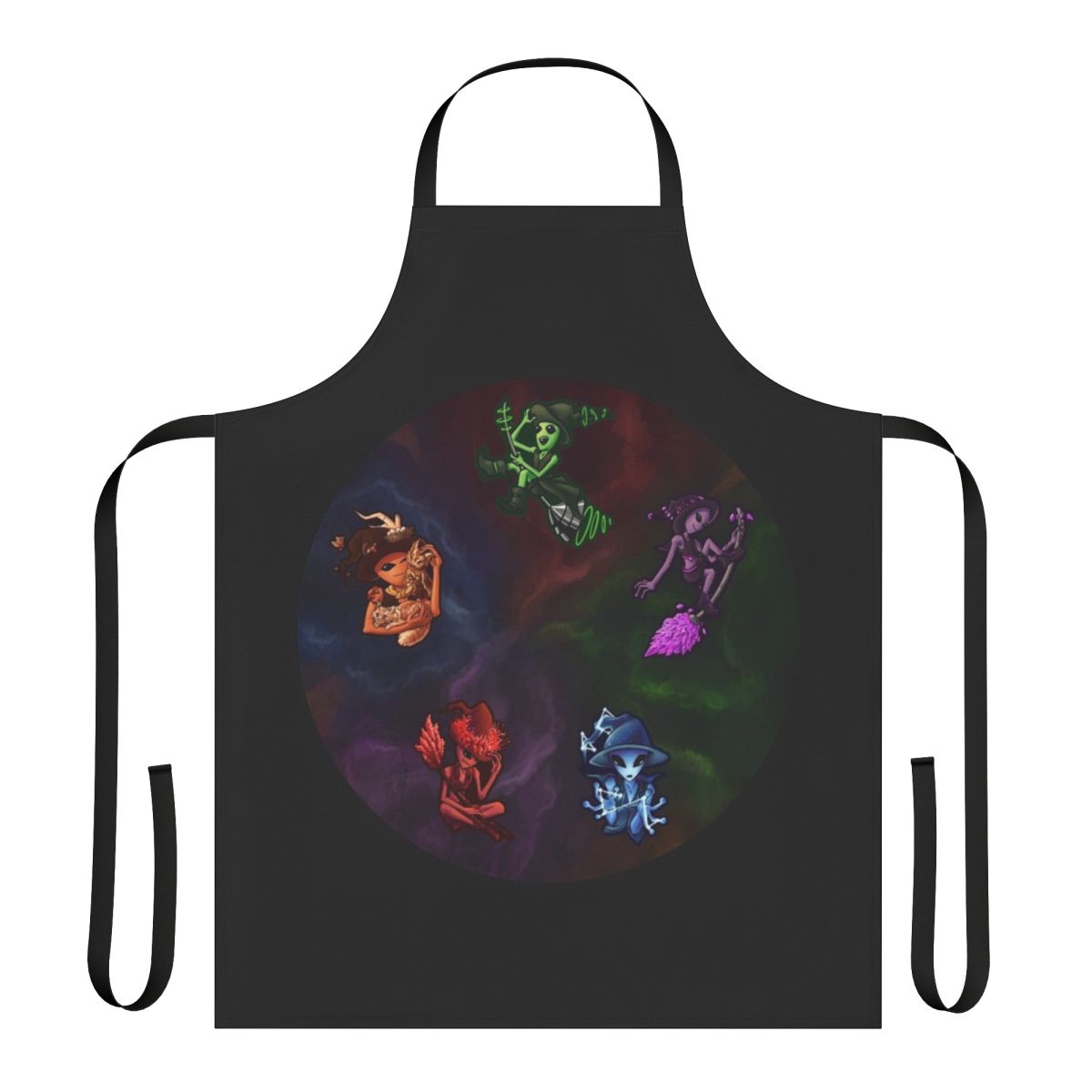 Apron featuring a whimsical design of witch aliens in a space galaxy setting