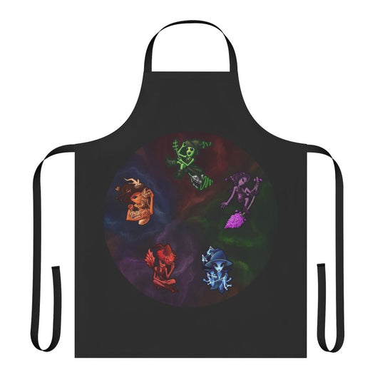 Apron featuring a whimsical design of witch aliens in a space galaxy setting