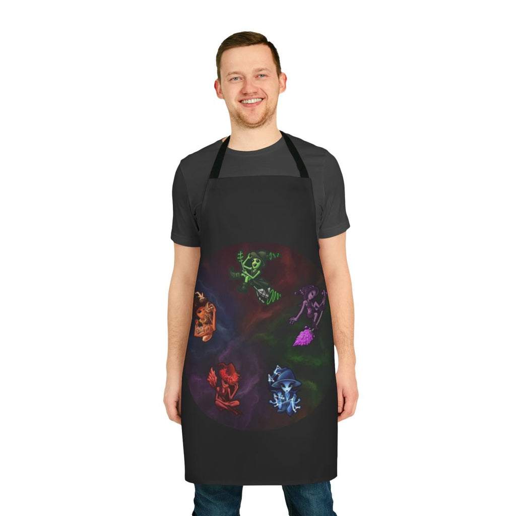 Apron featuring a whimsical design of witch aliens in a space galaxy setting