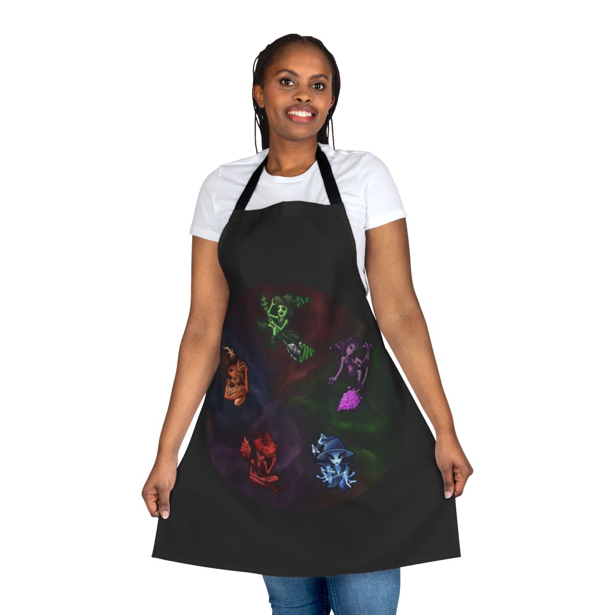 Apron featuring a whimsical design of witch aliens in a space galaxy setting