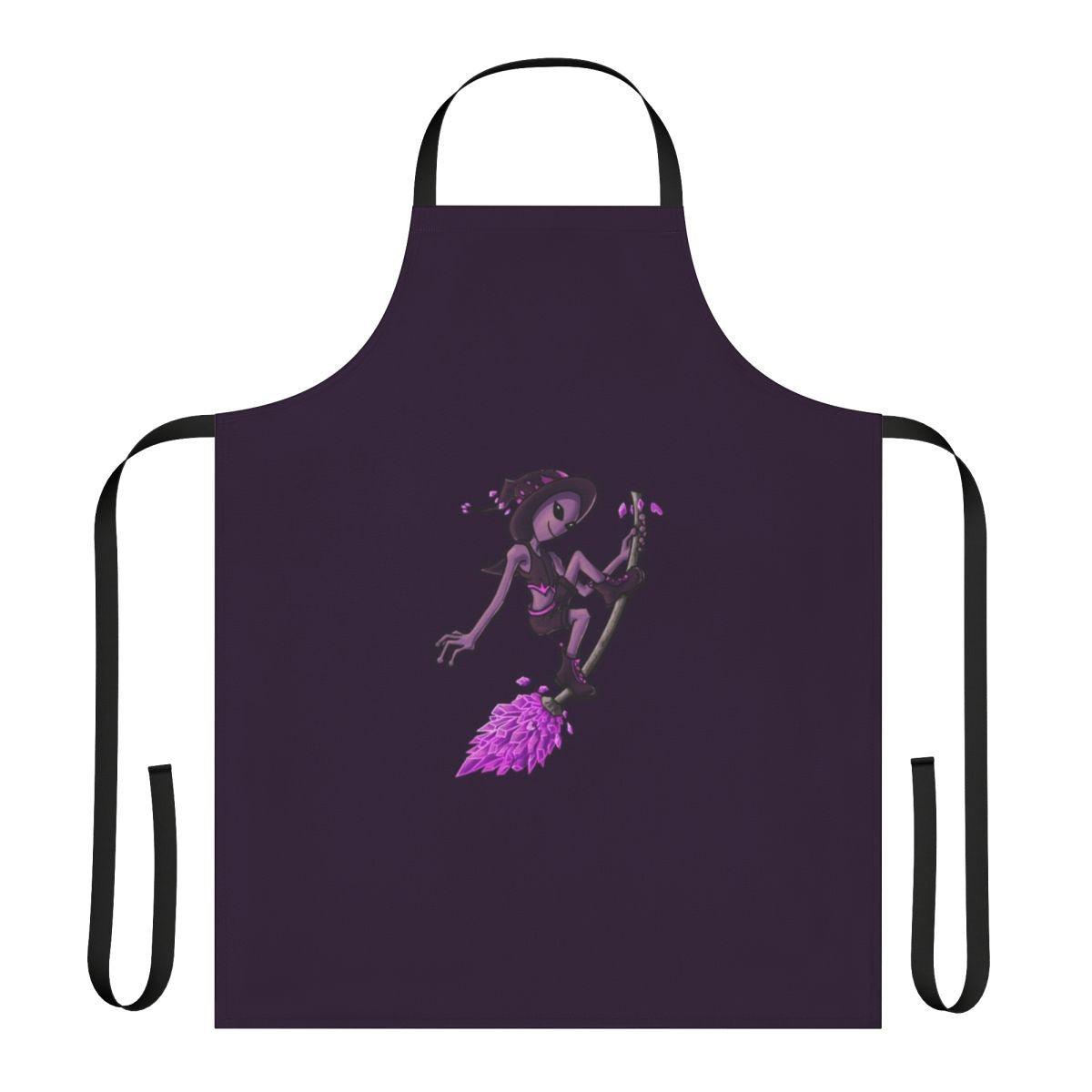 A colorful apron featuring a crystal-adorned alien witch design, perfect for the modern mystic in the kitchen.
