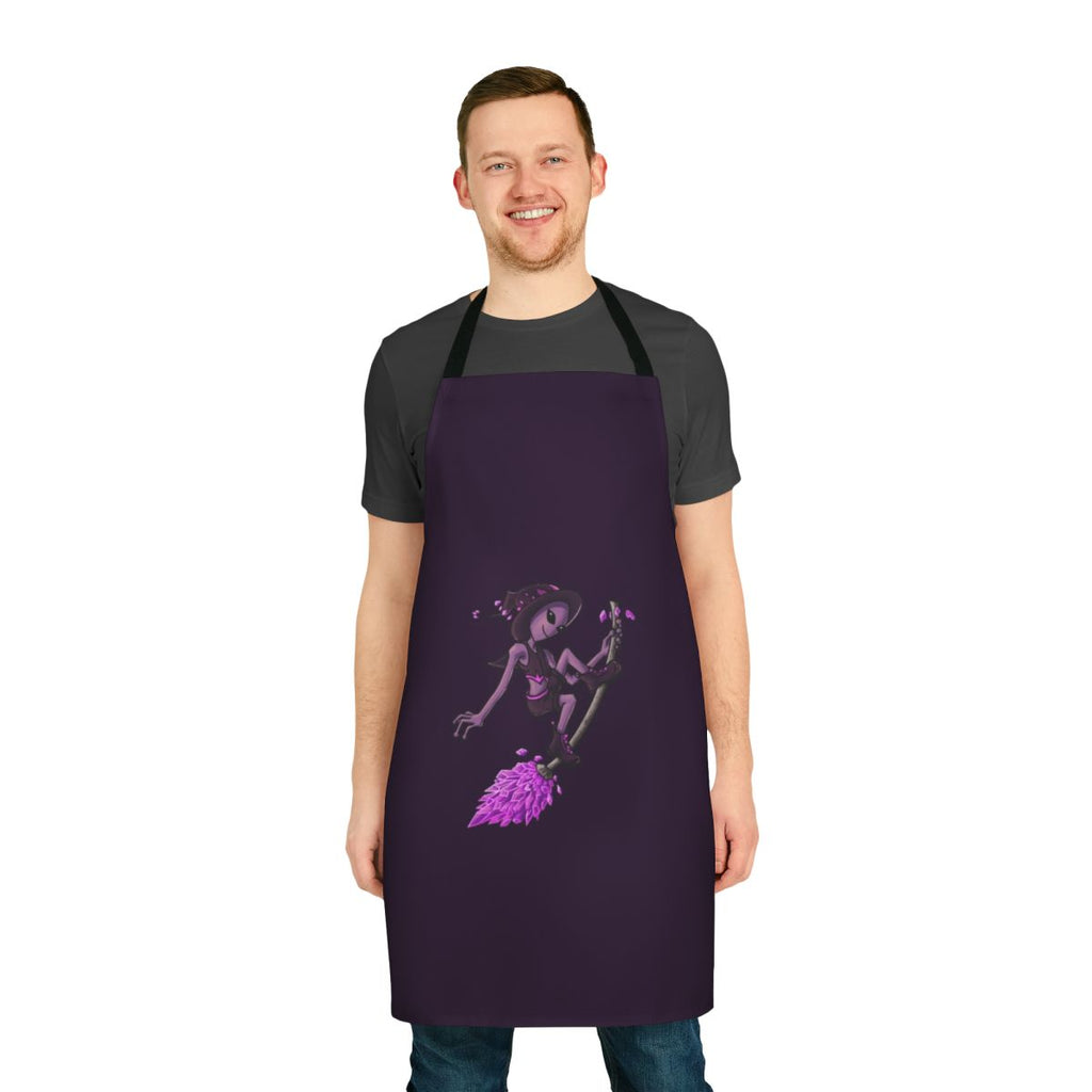 A colorful apron featuring a crystal-adorned alien witch design, perfect for the modern mystic in the kitchen.