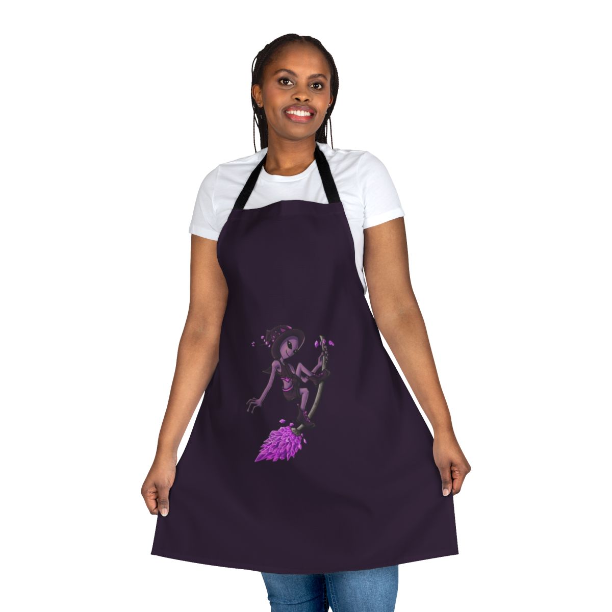 A colorful apron featuring a crystal-adorned alien witch design, perfect for the modern mystic in the kitchen.