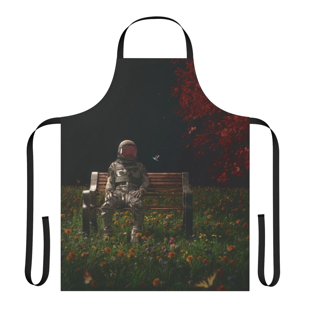 Model wearing a space-themed apron with a surreal, cosmic design