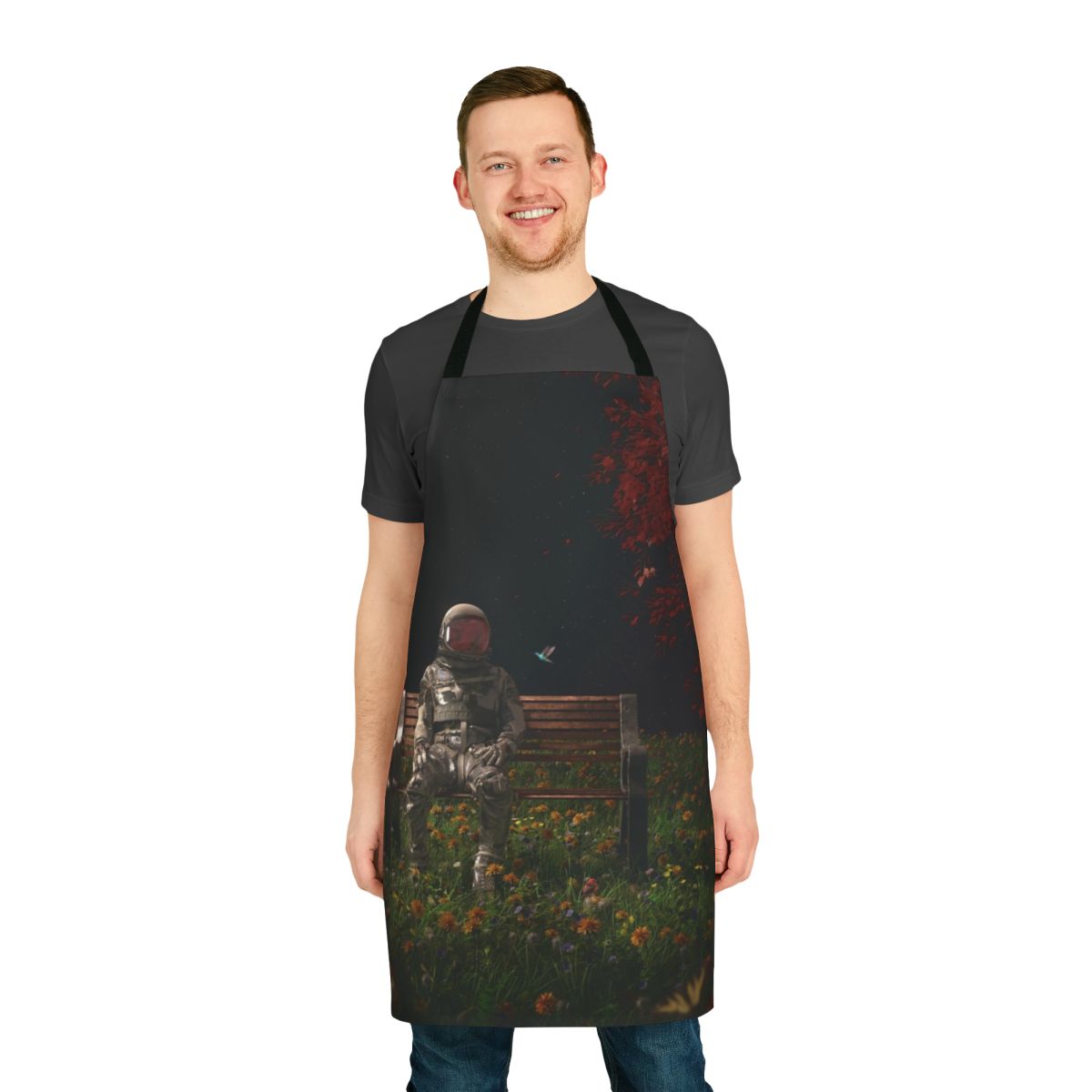 Model wearing a space-themed apron with a surreal, cosmic design