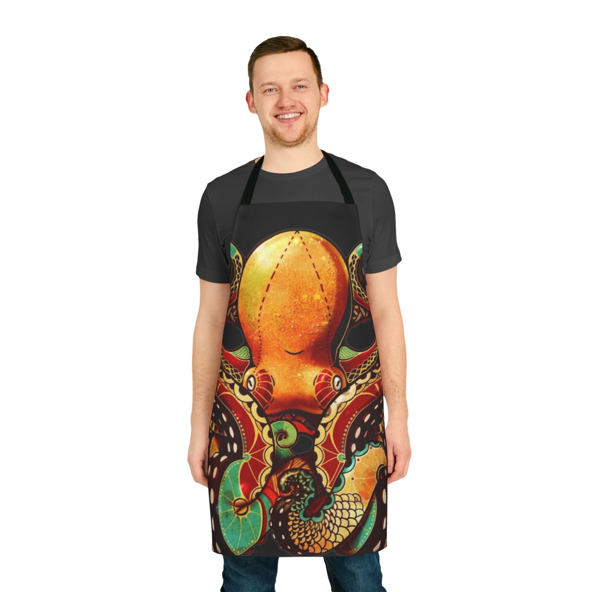 Detailed octopus design apron with tentacles and abstract patterns