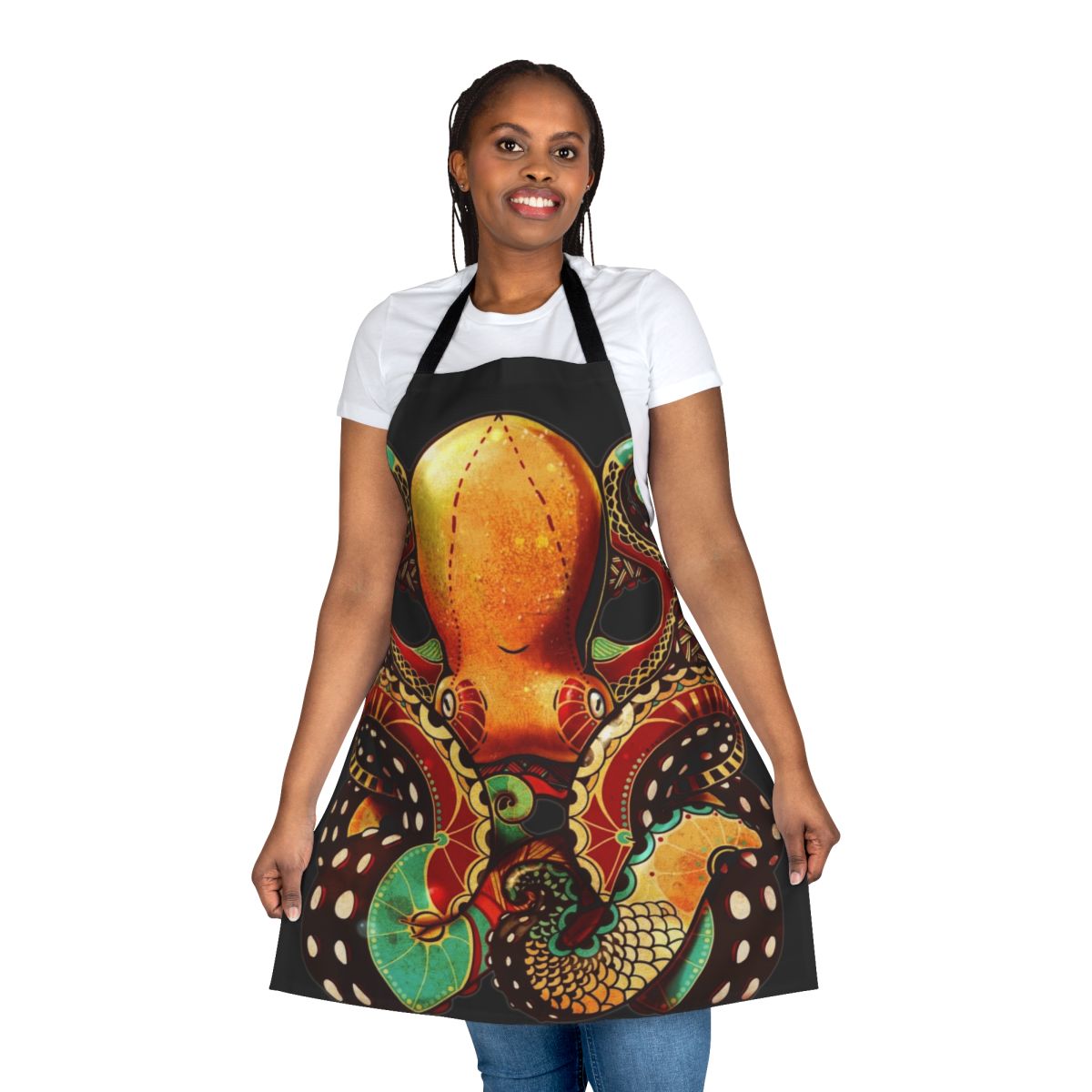 Detailed octopus design apron with tentacles and abstract patterns
