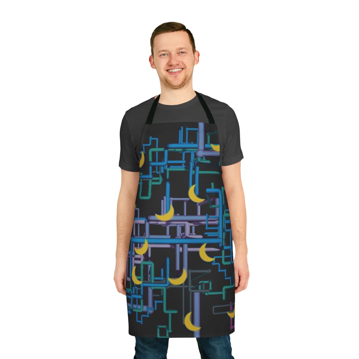 Apron featuring a complex, patterned shirt design inspired by the TV show "I Think You Should Leave with Tim Robinson"