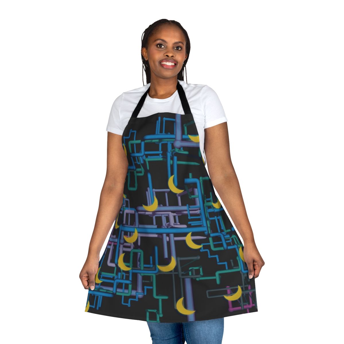 Apron featuring a complex, patterned shirt design inspired by the TV show "I Think You Should Leave with Tim Robinson"