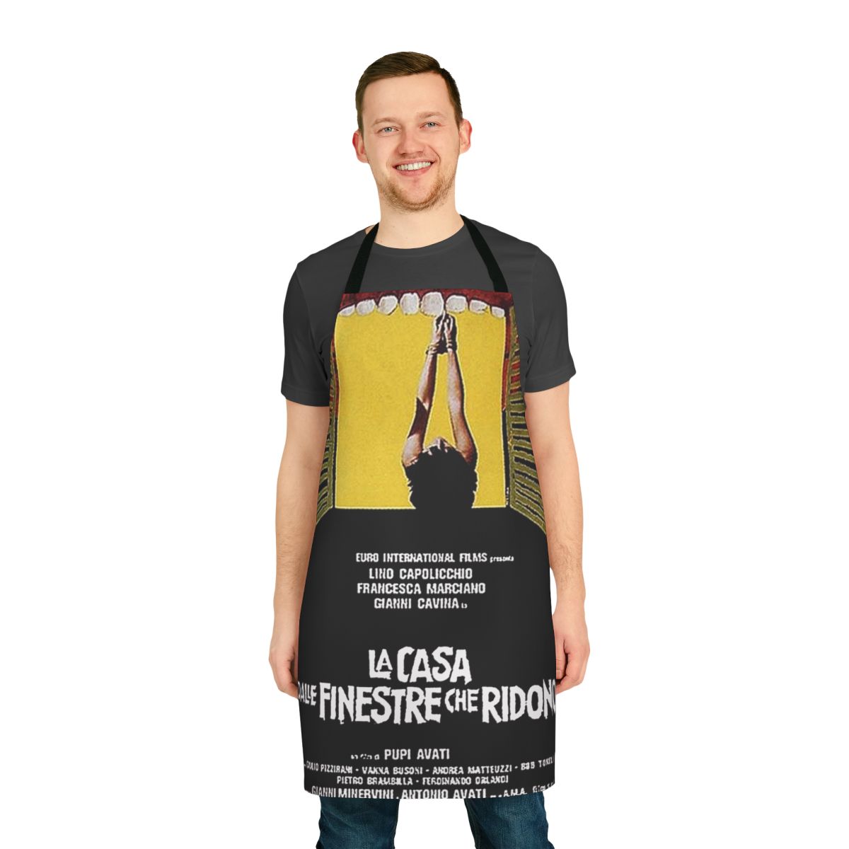 Stylish apron featuring the classic Italian horror film "The House with Laughing Windows"