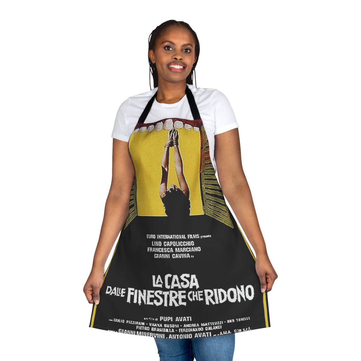 Stylish apron featuring the classic Italian horror film "The House with Laughing Windows"