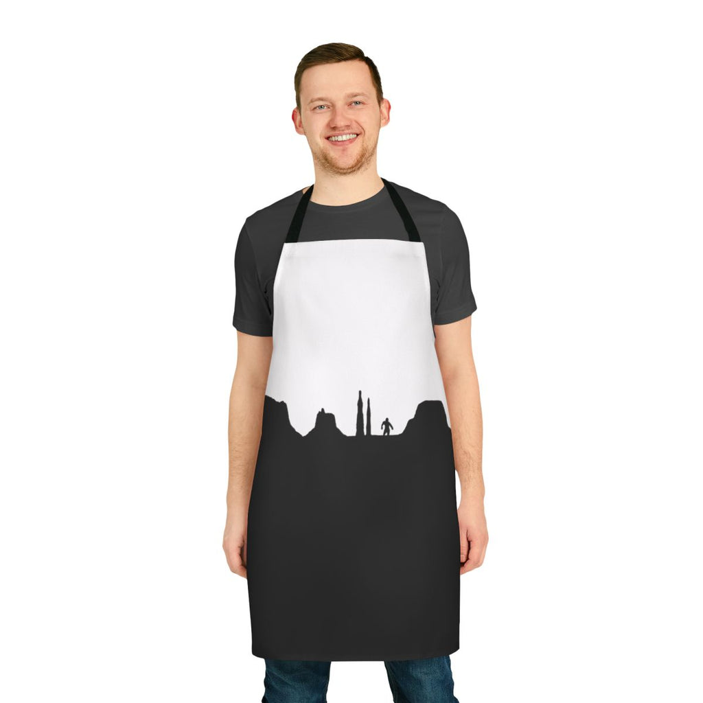 Introspective "What Doth Life" inspired apron with cartoon-style graphics