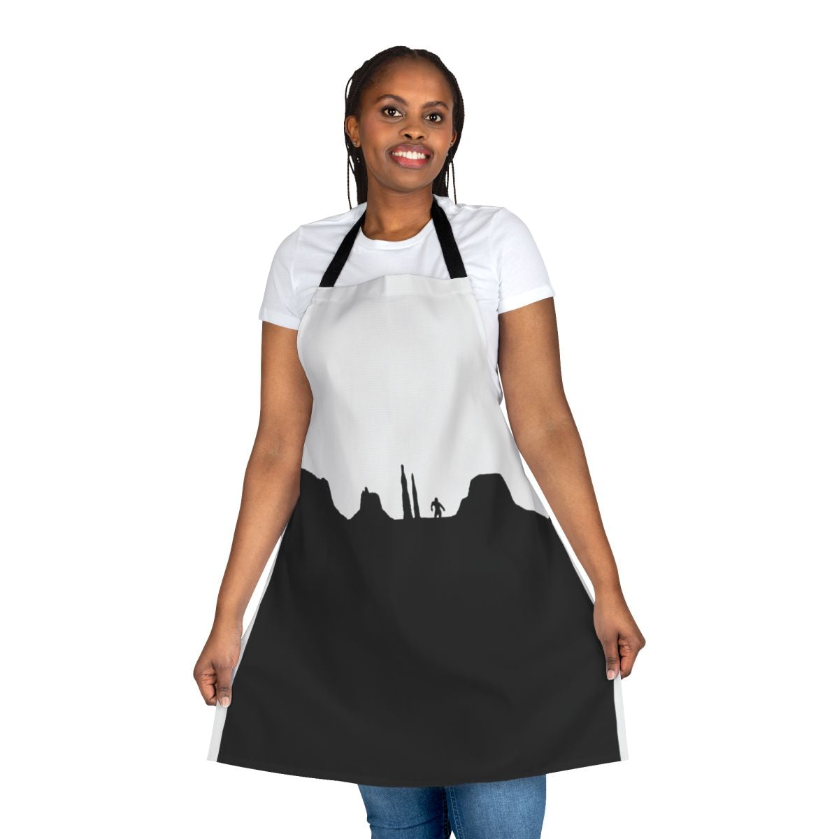 Introspective "What Doth Life" inspired apron with cartoon-style graphics