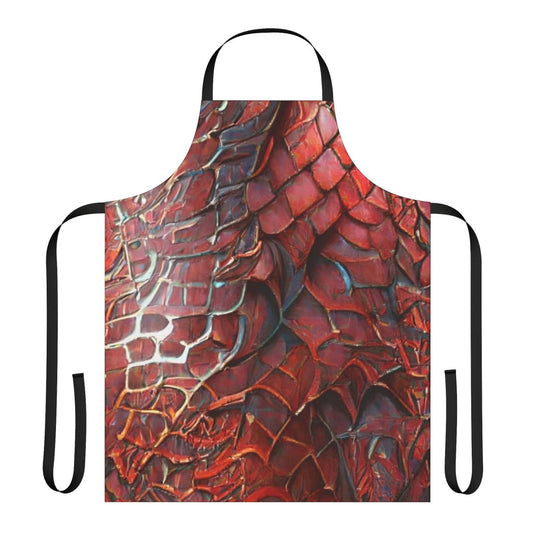 Closeup of an apron featuring a bold, shiny pattern of iridescent red dragon scales.