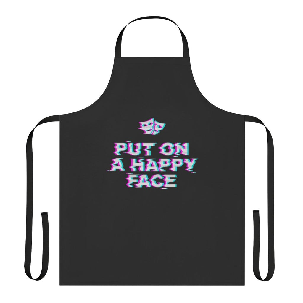 Apron with ironic "Put On A Happy Face" word art in a glitch, pop art style