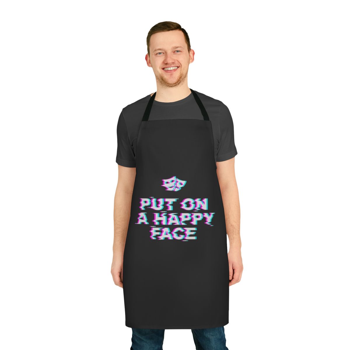Apron with ironic "Put On A Happy Face" word art in a glitch, pop art style