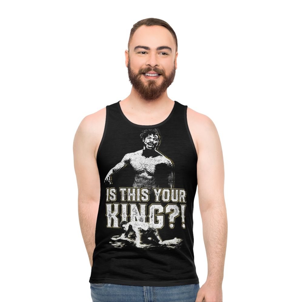 Unisex tank top with "Is This Your King?" Black Panther inspired design