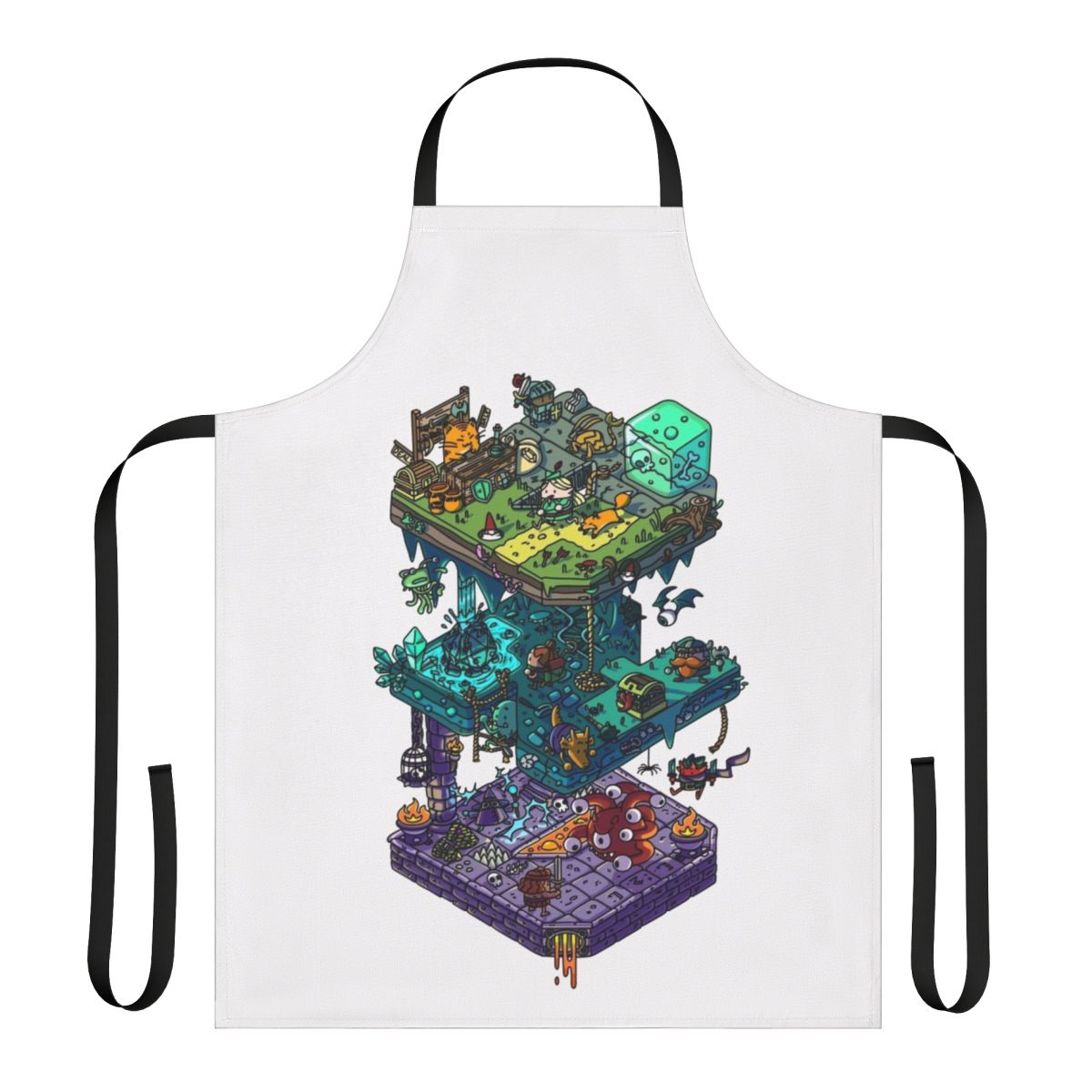 Isometric fantasy apron with dragons and dungeon motif