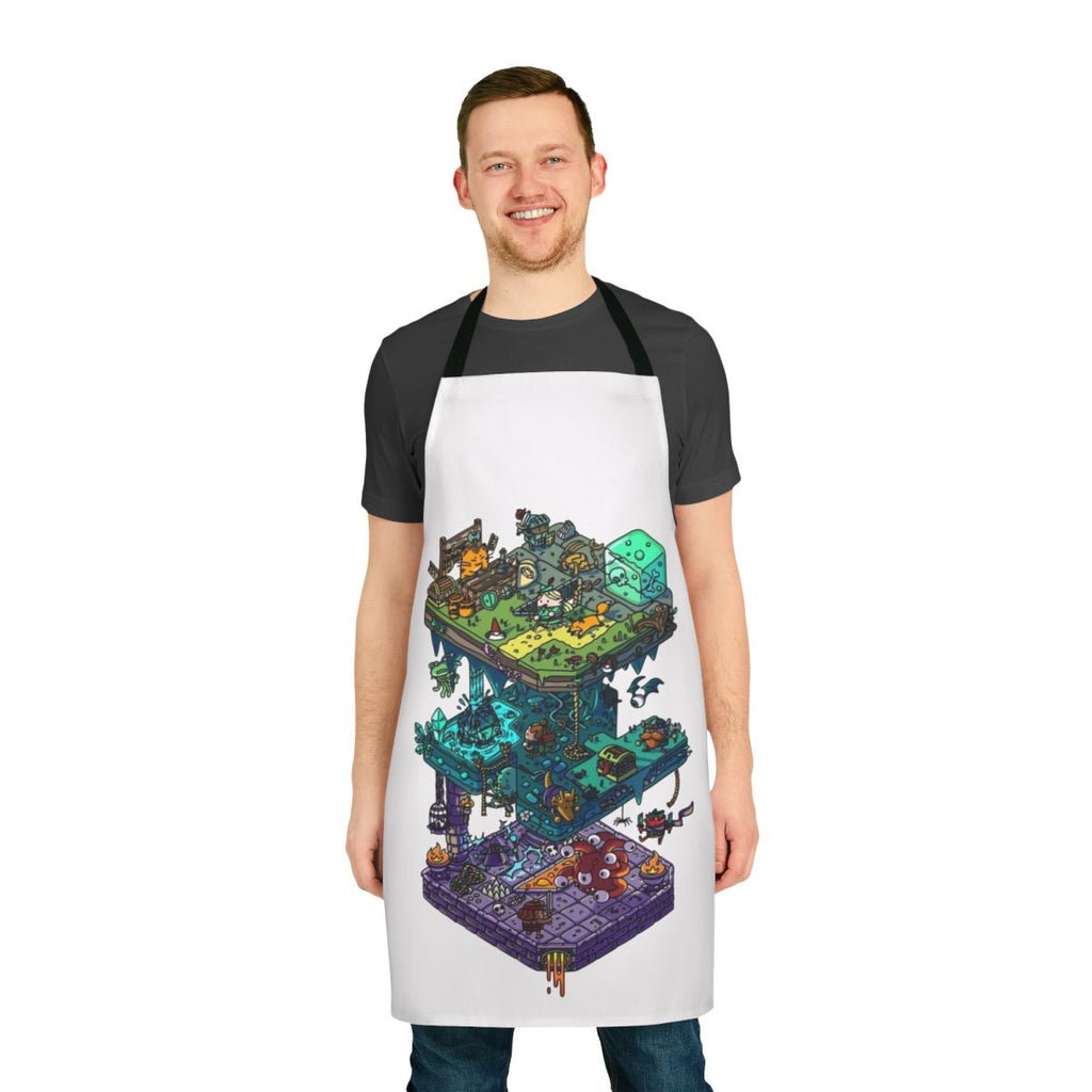 Isometric fantasy apron with dragons and dungeon motif
