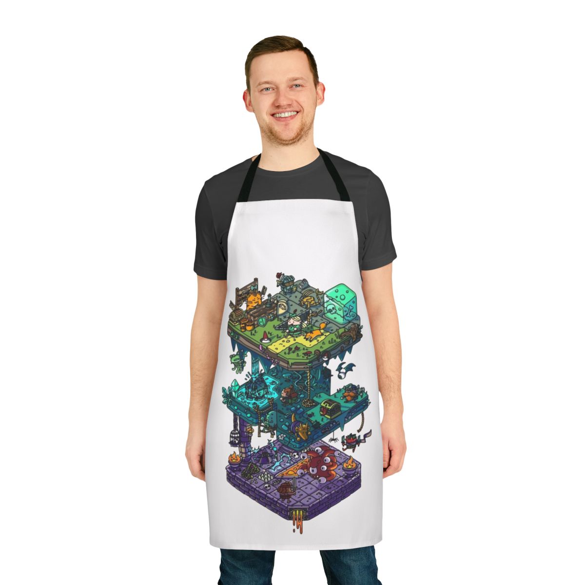 Isometric fantasy apron with dragons and dungeon motif