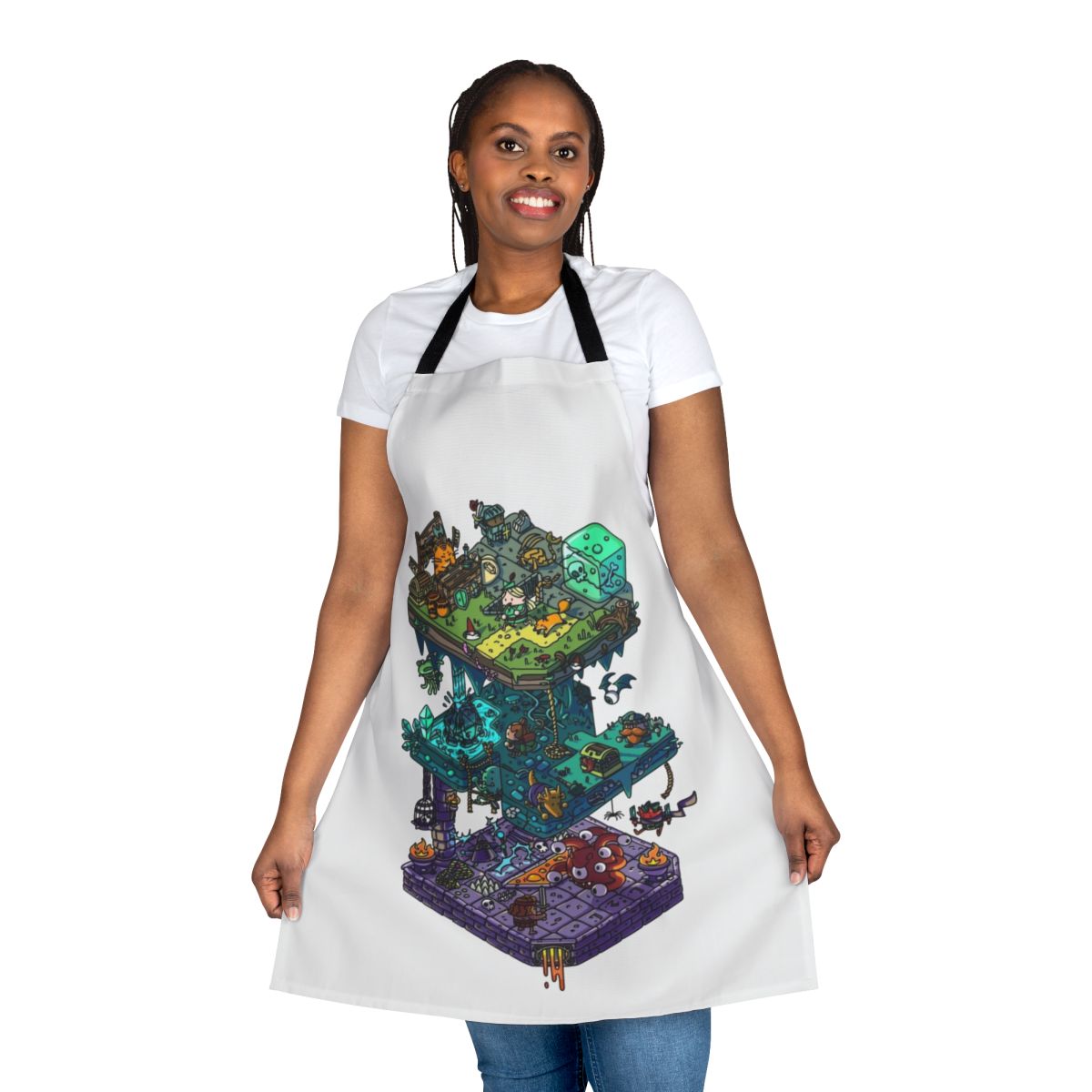 Isometric fantasy apron with dragons and dungeon motif