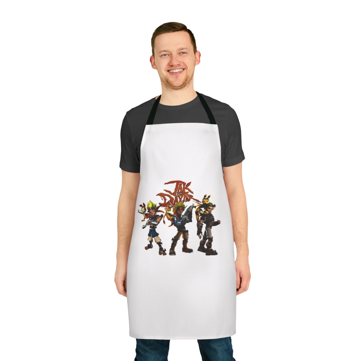 A high-quality apron featuring the characters Jak and Daxter from the popular video game franchise.