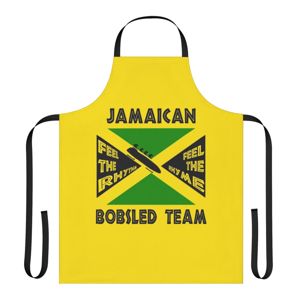 Jamaican Bobsled Team-inspired apron featuring the Jamaican flag colors and bobsled elements