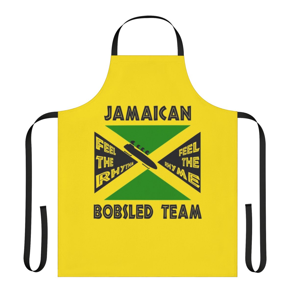 Jamaican Bobsled Team-inspired apron featuring the Jamaican flag colors and bobsled elements