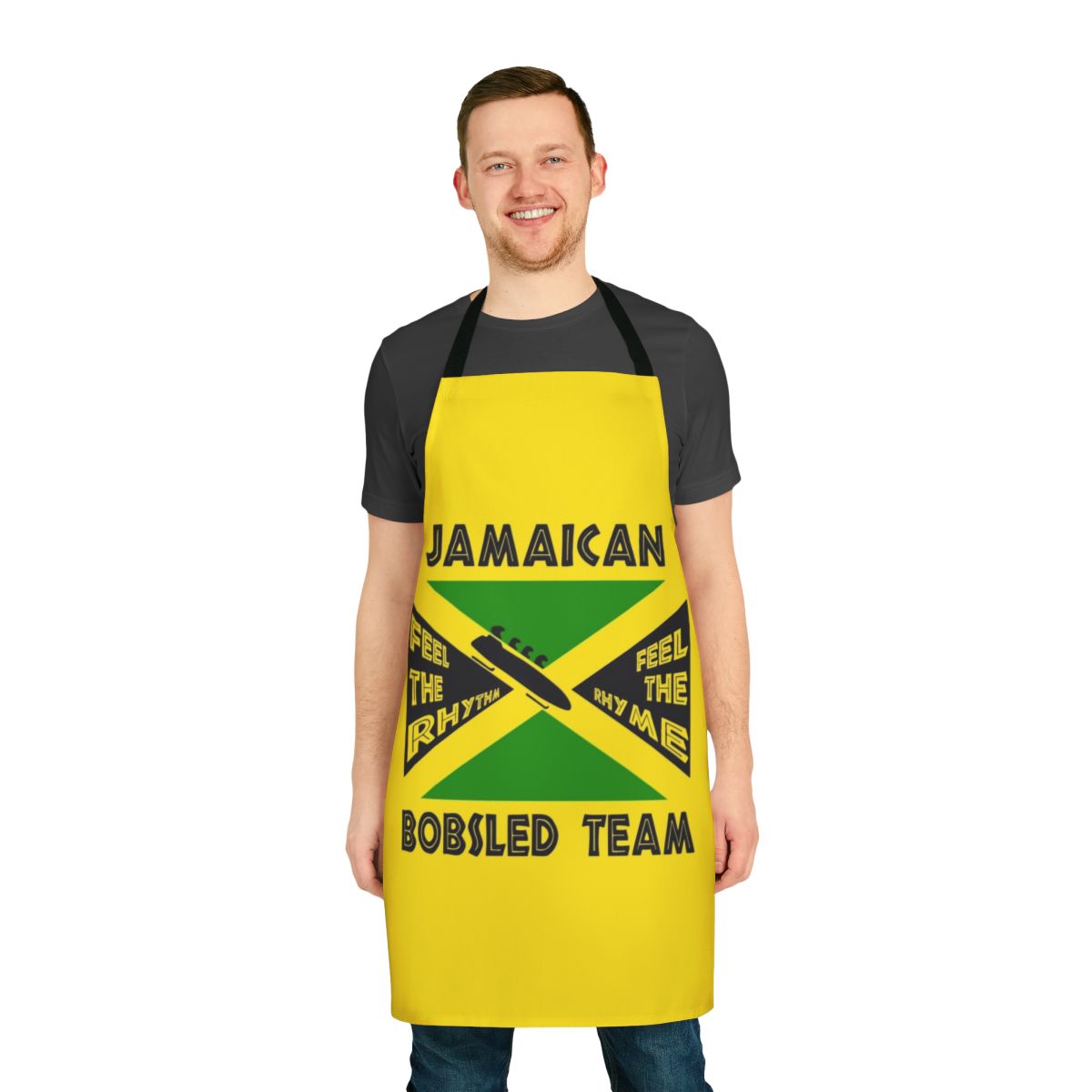 Jamaican Bobsled Team-inspired apron featuring the Jamaican flag colors and bobsled elements