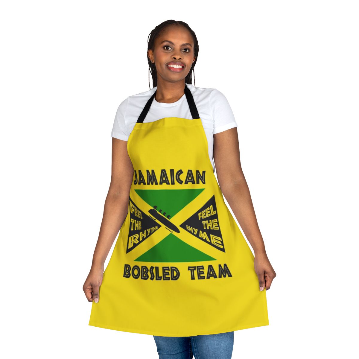 Jamaican Bobsled Team-inspired apron featuring the Jamaican flag colors and bobsled elements