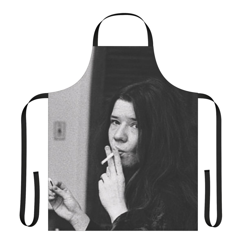A cool, stylish apron featuring the name and signature of iconic singer Janis Joplin for music and cooking enthusiasts.