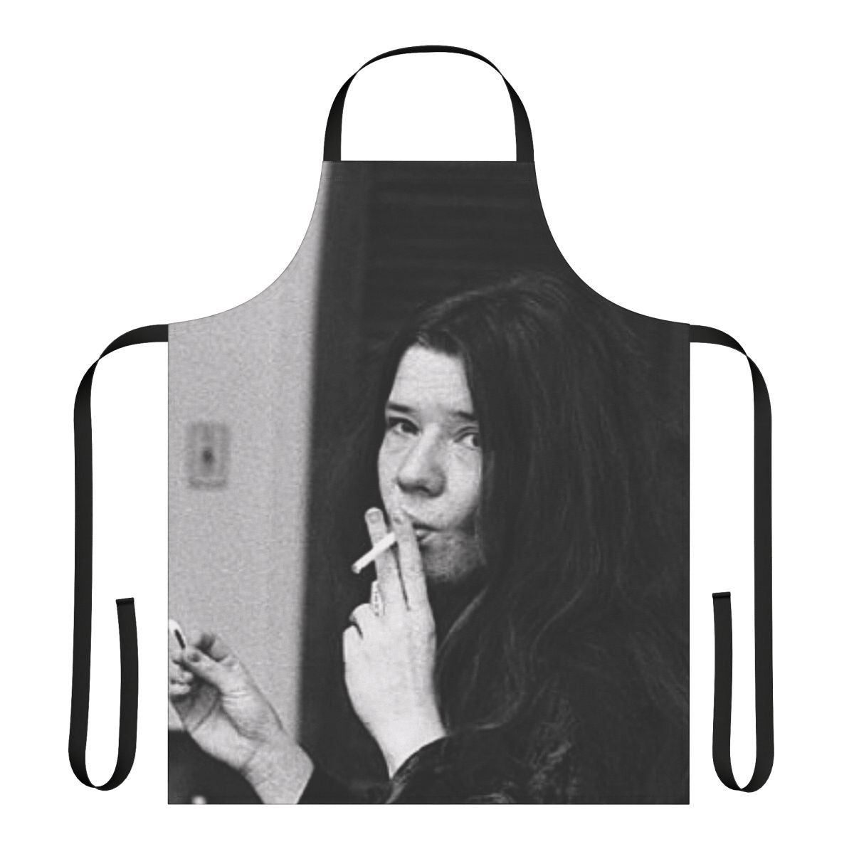 A cool, stylish apron featuring the name and signature of iconic singer Janis Joplin for music and cooking enthusiasts.
