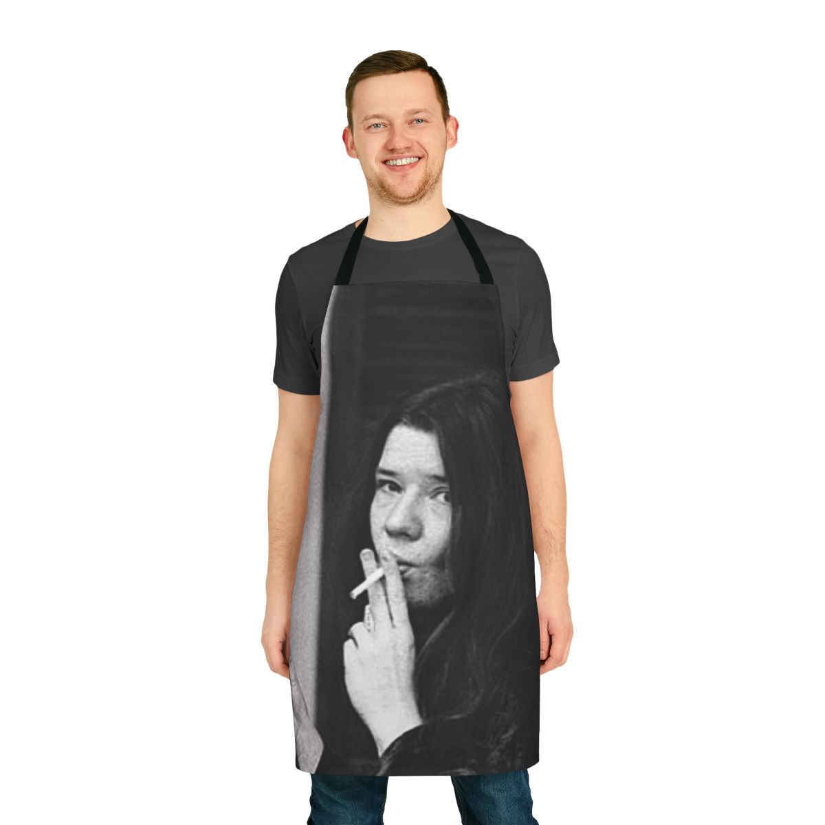 A cool, stylish apron featuring the name and signature of iconic singer Janis Joplin for music and cooking enthusiasts.