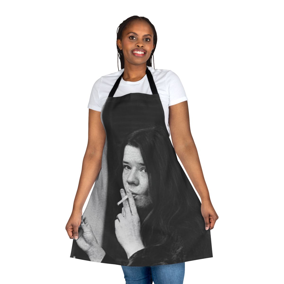 A cool, stylish apron featuring the name and signature of iconic singer Janis Joplin for music and cooking enthusiasts.