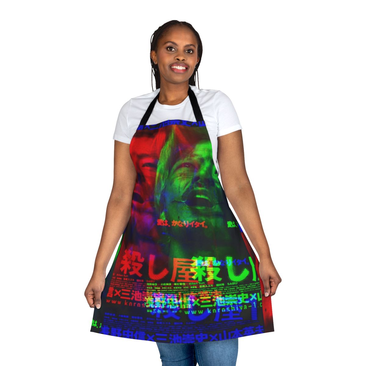 Vibrant and spooky Ichi the Killer-inspired apron with glitched design