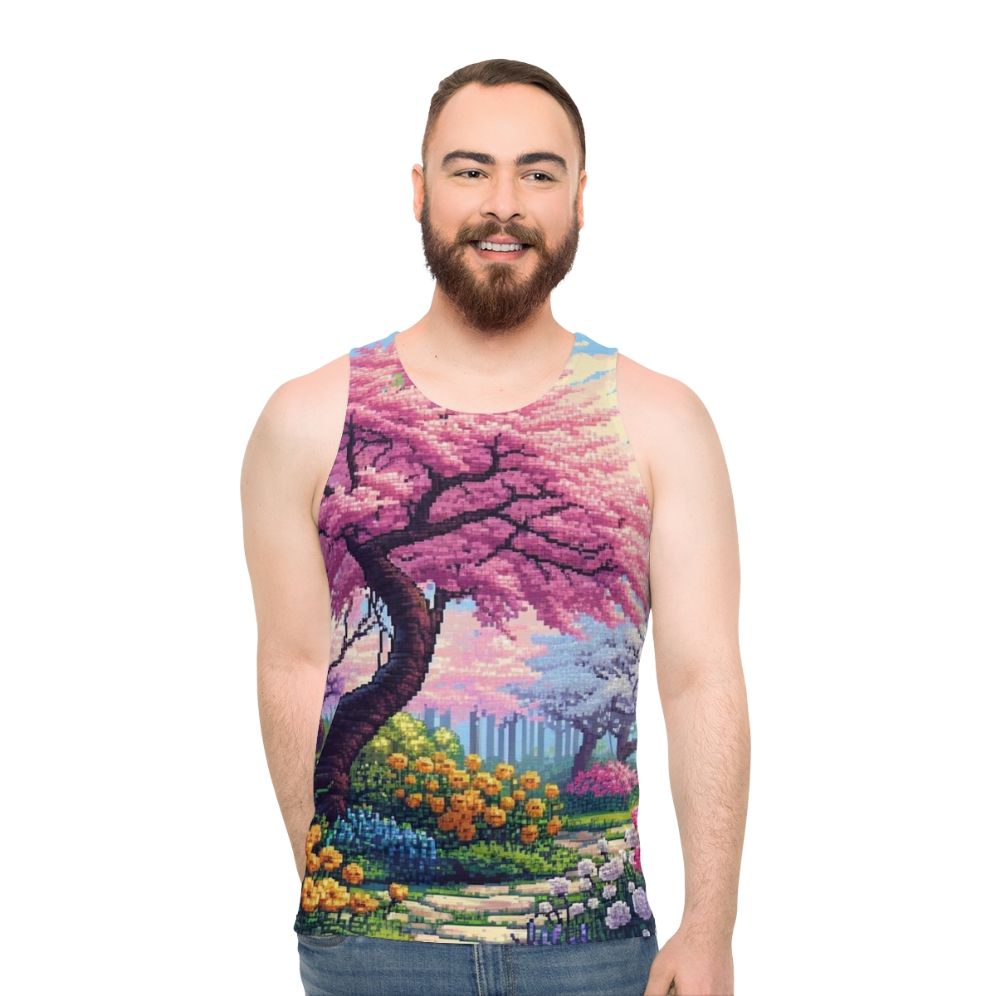 Japanese cherry blossom tree digital art on unisex tank top