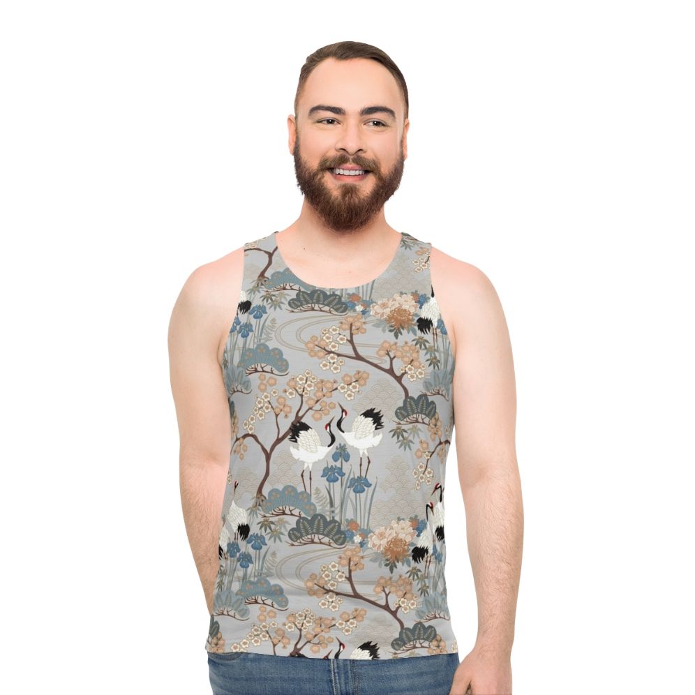 Unisex gray tank top with Japanese garden floral and crane bird design