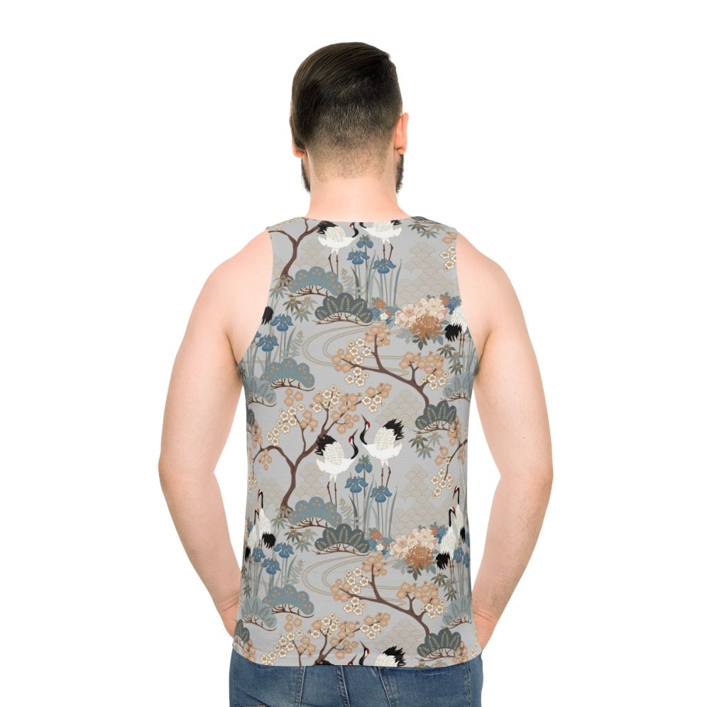 Unisex gray tank top with Japanese garden floral and crane bird design