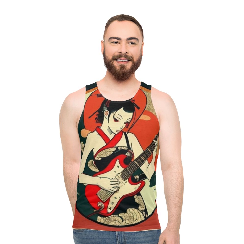 Japanese girl playing guitar on a unisex tank top