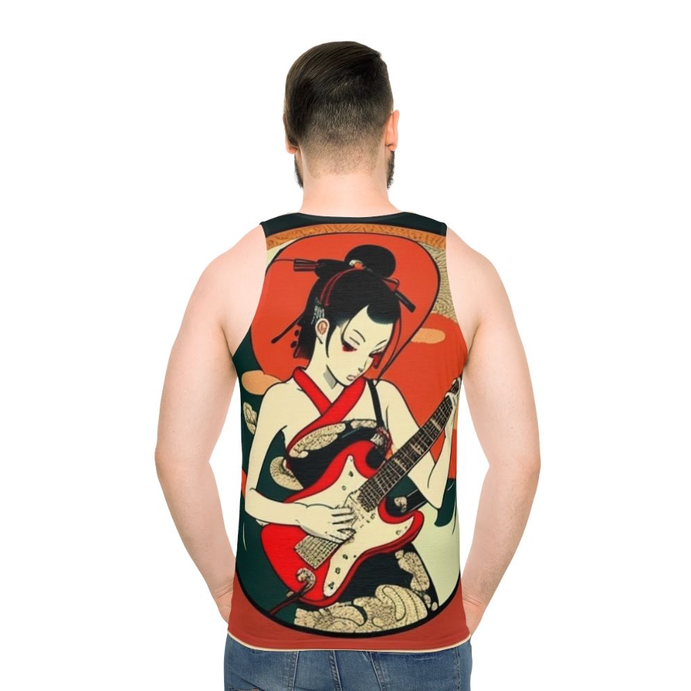 Japanese girl playing guitar on a unisex tank top