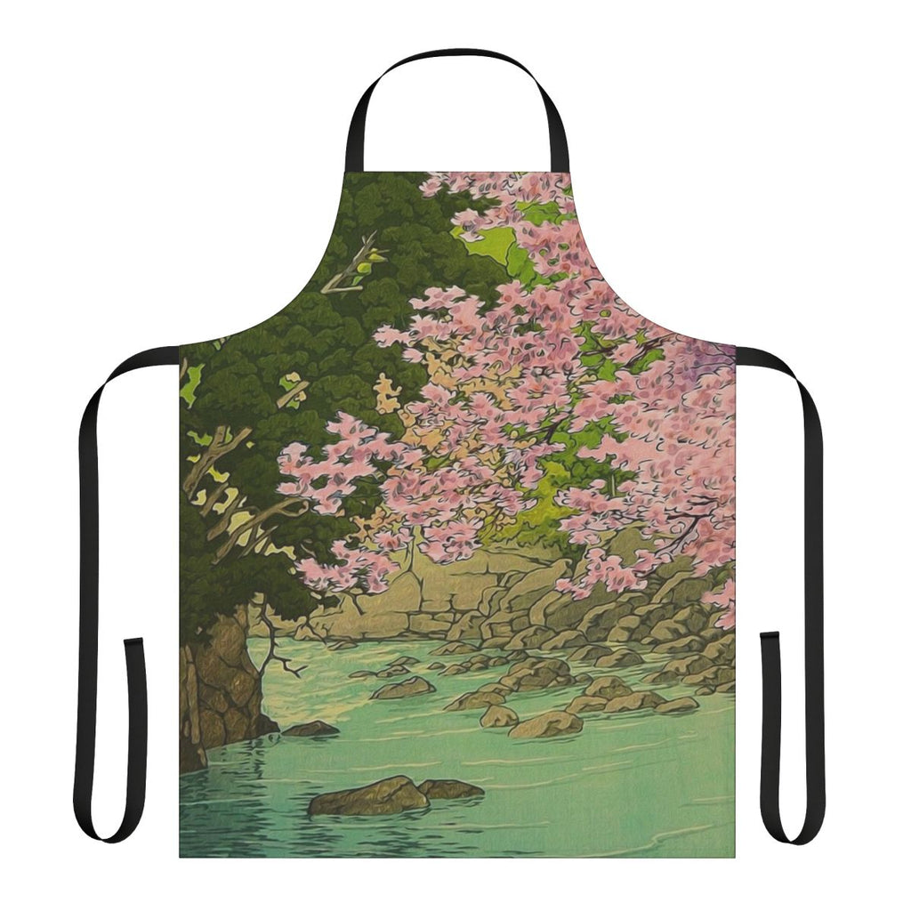 Apron featuring a Japanese-inspired landscape design with mountains, water, and pink and blue floral elements.