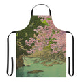 Apron featuring a Japanese-inspired landscape design with mountains, water, and pink and blue floral elements.