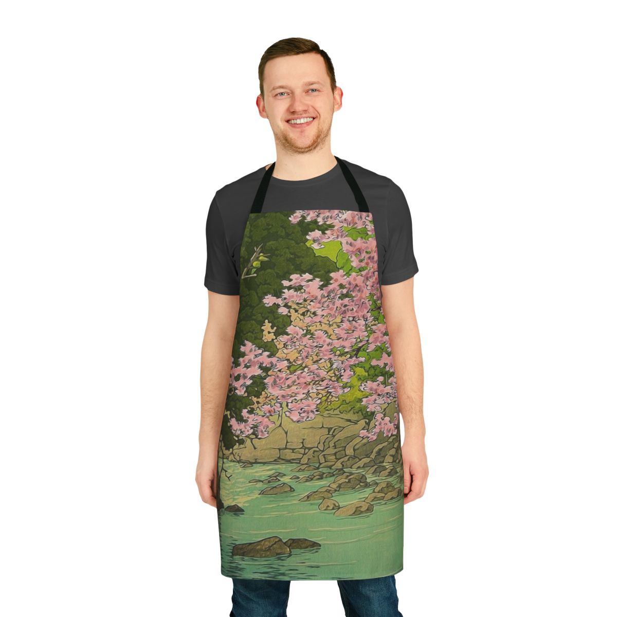 Apron featuring a Japanese-inspired landscape design with mountains, water, and pink and blue floral elements.