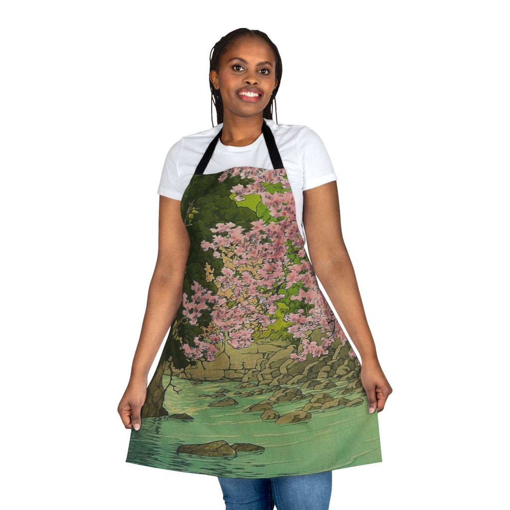 Apron featuring a Japanese-inspired landscape design with mountains, water, and pink and blue floral elements.