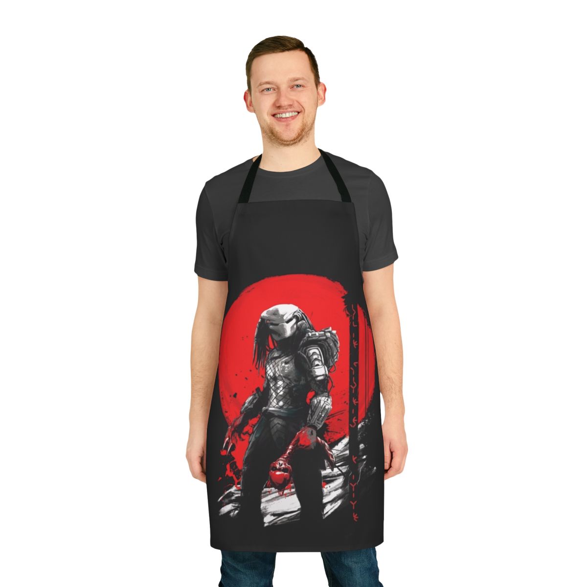Predator-themed apron with Japanese art style, depicting a hunter's moon and samurai elements.