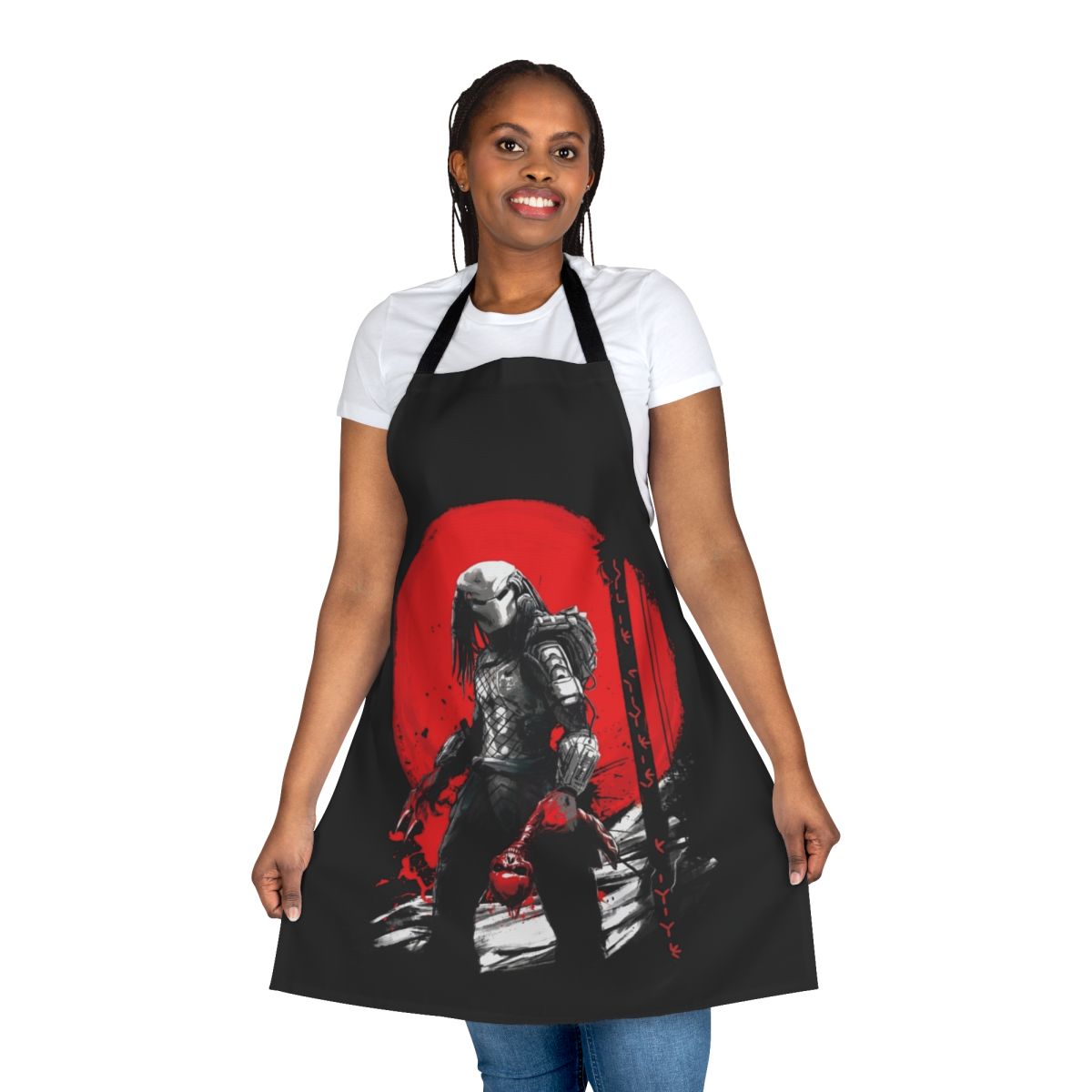 Predator-themed apron with Japanese art style, depicting a hunter's moon and samurai elements.